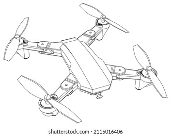 Disparo de línea de cuadrilátero con drones. Signo aislado del vector del dron sobre fondo blanco