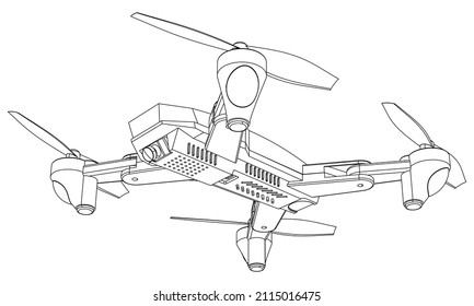 Disparo de línea de cuadrilátero con drones. Signo aislado del vector del dron sobre fondo blanco