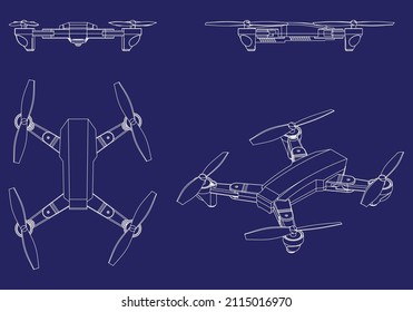 Disparo de línea de cuadrilátero con drones. Signo aislado del vector de drones en fondo azul