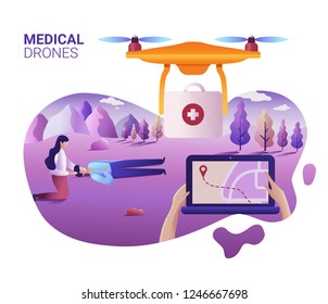 Drone or quadcopter medical service concept. Vector illustration of landing page template. Drone fly over the landscape and delivering ambulance equipment. Hands controlling via laptop