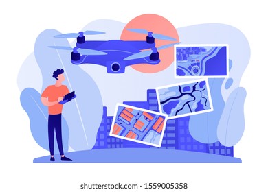 Drone, quadcopter operator, pilot making photos. UAV with camera. Aerial photography, air survey services, drone photo of your event concept. Pinkish coral bluevector isolated illustration