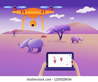Drone or quadcopter for protecting wildlife. Vector illustration. Drone fly over the landscape and makes geolocation and counting animals. 