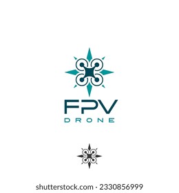 Drone quadcopter shooting wind rose compass observation vector logo