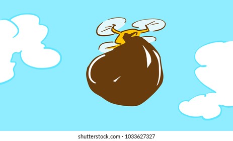 A  drone quadcopter in the sky carries a package of garbage. Cartoon vector color sketch.