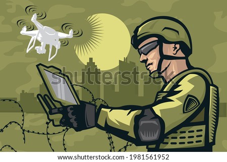 Drone, quadcopter soldier operator, pilot making photos. UAV with camera. Aerial photography, air survey services, drone photo of your event concept. 