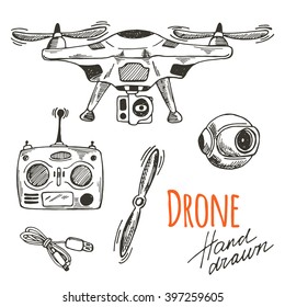 Drone and quadcopter tool icons. Hand drawn vector illustration.