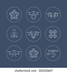 Drone, quadcopter, uav line icons in circles, vector illustration, eps10, easy to edit