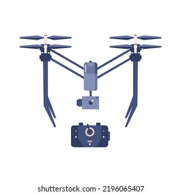 Dispositivo inalámbrico drone o quadcopter con mando a distancia, ilustración vectorial plana aislada en fondo blanco. Helicóptero de drones con cámara de vídeo y hélices.