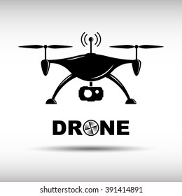 Drone quadrocopter. Drone with action camera front view vector isolated sign. Drone logo, badge, emblem and design element. Quadrocopter store, repair & service logotype. Flying quadcopter. Vector.