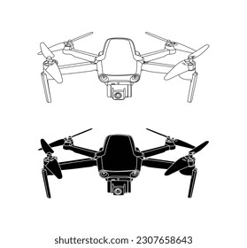 drone quadrocopter con cámara de acción.Conjunto de dispositivos de aire moderno, cuadrocopteros y control remoto. Estilo de dibujos animados planos de la cámara de aviones.Icono de vector de cámara de vídeo drone. El estilo es un símbolo plano, negro