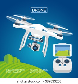 Drone or quadrocopter with camera and remote control  by tablet. White color, blue background. Illustration, vector EPS 10