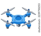 Drone quadrocopter with camera.Isometric drone,lying quadcopter. Robot helicopter.Unmanned aircraft.Isolated on white background.Vector illustration.