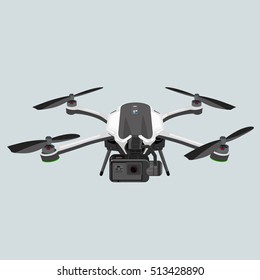 Drone quadrocopter carrying black action camera. Vector image isolated on white background