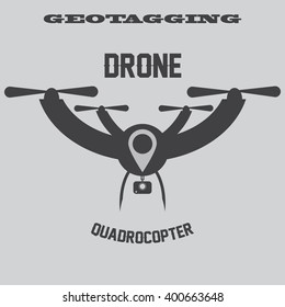 Drone quadrocopter flat design. Drone vector isolated sign. Grey background