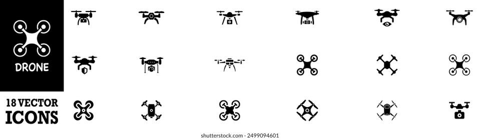 Drohne, Quadrocopter-Symbolsatz. Technologie-Geräte eingestellt. Drone Silhouette Symbol. Vektorgrafik. Vektorgrafik. EPS 10