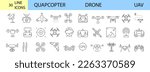 Drone, Quadrocopter line icons set. Fast delivery, remote control, propeller, city map navigation, action camera, radar screen, radio antenna