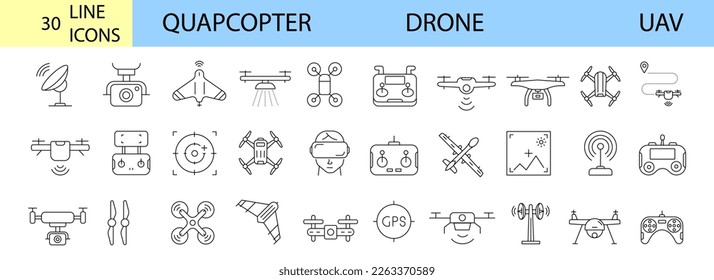 Juego de iconos de línea de drone, Quadrocopter. Entrega rápida, control remoto, hélice, navegación por mapas de la ciudad, cámara de acción, pantalla de radar, antena de radio