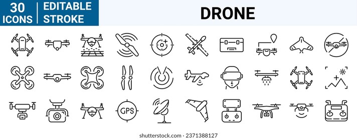 Juego de iconos de línea de drone, Quadrocopter. Entrega rápida, control remoto, hélice, navegación por mapas de la ciudad, cámara de acción, pantalla de radar, antena de radio. Colección de iconos de esquema. Ilustración vectorial.
