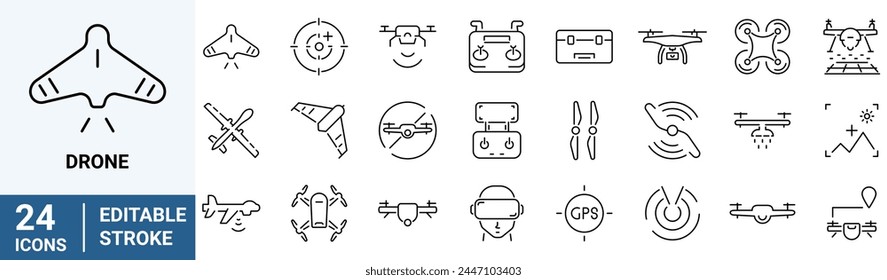 Drone, Iconos de línea Quadrocopter conjunto. fpv, Entrega rápida, control remoto, hélice, navegación de mapa de la ciudad, cámara de acción, pantalla de radar, antena de radio. Colección de iconos de esquema. Ilustración vectorial.