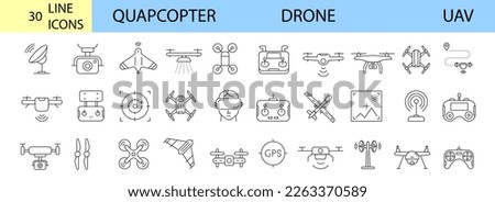 Drone, Quadrocopter line icons set. Fast delivery, remote control, propeller, city map navigation, action camera, radar screen, radio antenna