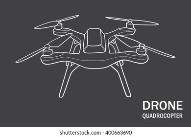 Drone quadrocopter line stroke. Drone vector isolated sign on black background