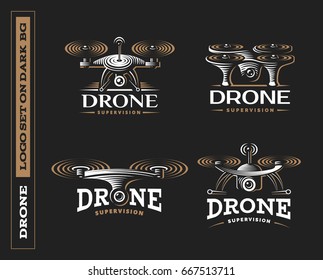 Drone quadrocopter logo design set, emblem on dark background EPS 10