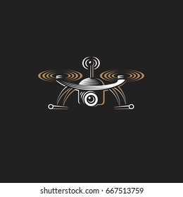 Drone quadrocopter logo design template, emblem on dark background EPS 10