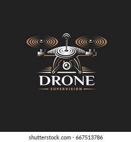 Drone quadrocopter logo design template, emblem on dark background EPS 10
