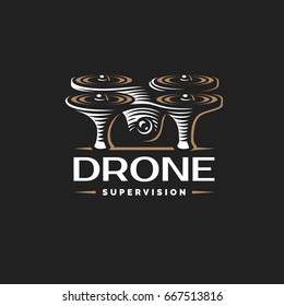Drone quadrocopter logo design template, emblem on dark background EPS 10
