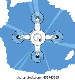 Drone quadrocopter on the background of the sky with clouds. Vector illustration.