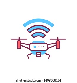 Drone quadrocopter with radio waves color line icon. Aircraft device concept. Unmanned control. Delivery service. Sign for web page, mobile app, banner, social media. Editable stroke.