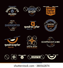 Drone or quadrocopter set of vector logo, badges, emblems. Color isolated print on black background