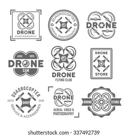Drone or quadrocopter set of vector monochrome labels, badges, emblems isolated on white background