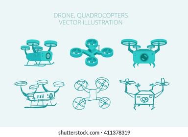 Drone quadrocopters different types, isometrics sketch set