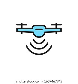 Drone with radio waves, radar detection system flat color line icon.