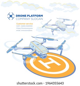 Drone. Drone vector realista con cámara y plataforma sobre el fondo de las nubes.  Logo e identidad corporativa para una tienda que vende drones y plataformas de drones. 