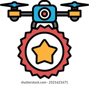 A drone with a red star on it. The drone is blue and yellow