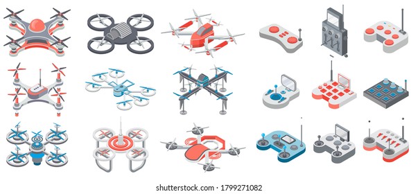 Drone with remote control, collection of flying digital devices with distance control, quadcopter types of air vehicles for shooting with blades antennas, buttons radio network, gadget for high flying