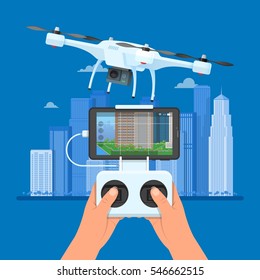 Drone with remote control flying over city. Aerial drone with camera taking photography and video concept vector illustration.