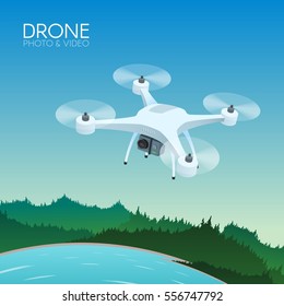 Drone with remote control flying over forest and lake. Aerial drone with camera taking photography and video concept vector illustration.