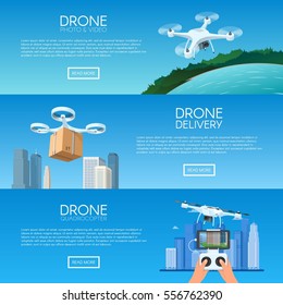 Drone with remote control flying over city. Pizza delivery by quadcopter. Aerial drone with camera taking photography and video concept vector illustration.