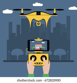 Drone and remote control. Hands hold a radio controller with screen to quadcopter flying over city. Quadricopter with a video camera. Vector illustration.