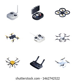 Drone remote control icon set. Isometric set of 9 drone remote control vector icons for web design isolated on white background