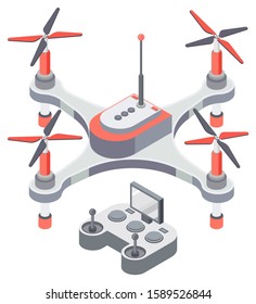 Drone with remote controller, wireless device with propellers, quadcopter symbol, aircraft with remotely radio controlled flying robots, discovery air robot for video and photo, multicopter vector