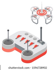Drone with remote controller, wireless device with propellers, quadcopter symbol, aircraft with remotely radio controlled flying robots, discovery air robot for video and photo, multicopter vector