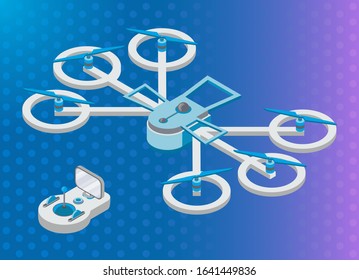 Drone with remote controller, wireless device with propellers, quadcopter symbol, aircraft with remotely radio controlled flying robots, discovery air robot for video and photo, multicopter vector