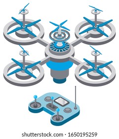 Drone with remote controller, wireless device with propellers, quadcopter symbol, aircraft with remotely radio controlled flying robots, discovery air robot for video and photo, multicopter vector