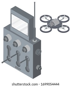 Drone with remote controller, wireless device with propellers, quadcopter symbol, aircraft with remotely radio controlled flying robots, discovery air robot for video and photo, multicopter vector