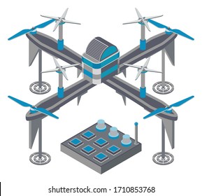 Drone with remote controller, wireless device with propellers, quadcopter symbol, aircraft with remotely radio controlled flying robots, discovery air robot for video and photo, multicopter vector