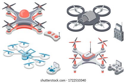 Drone with remote controller, wireless device with propellers, quadcopter symbol, aircraft with remotely radio controlled flying robots, discovery air robot for video and photo, multicopter vector